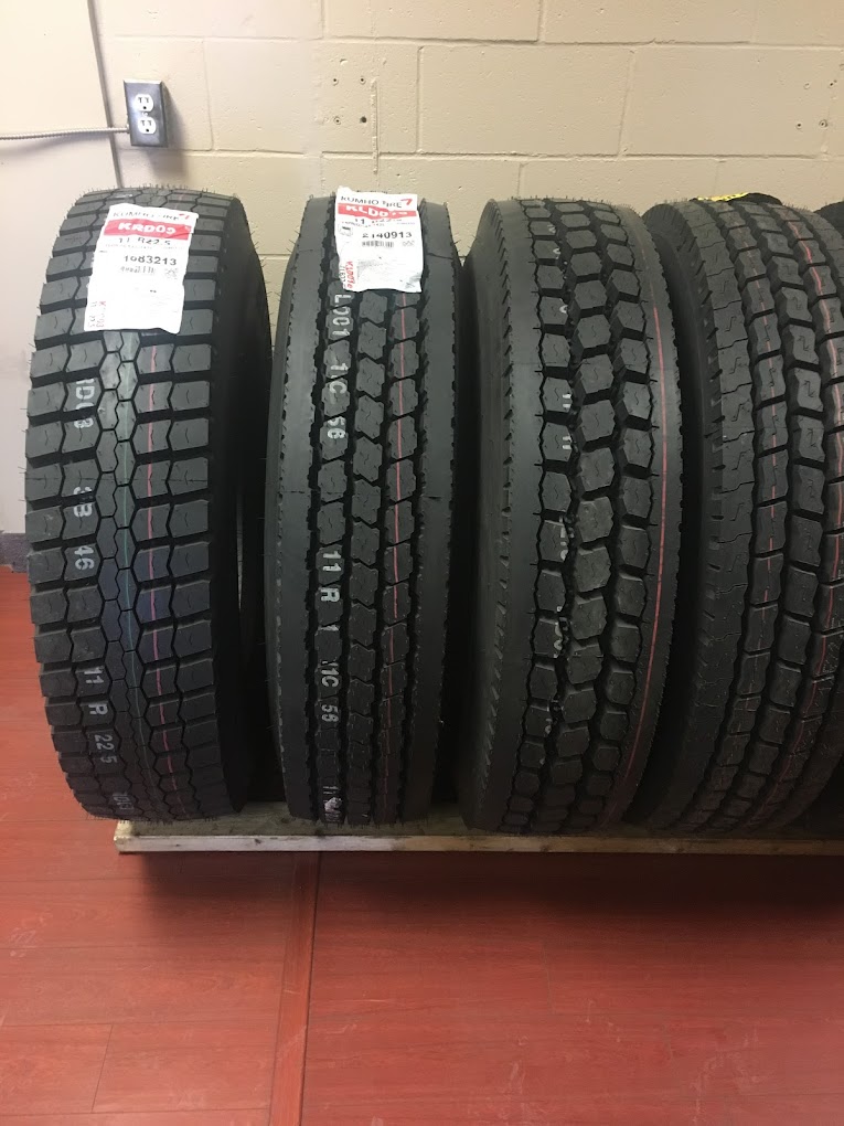 Tire rack with branded truck tires